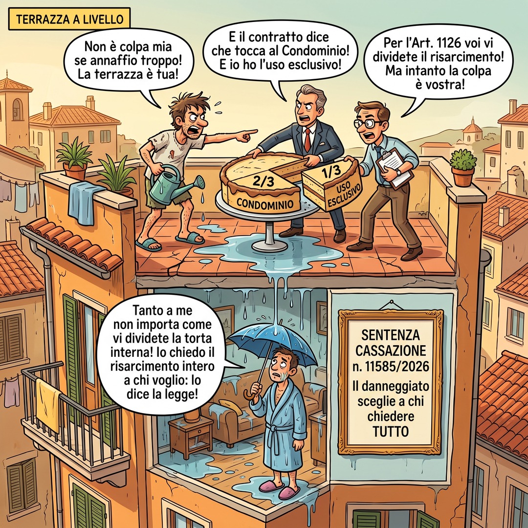 Vignetta: sulla terrazza di un palazzo italiano inquilino, proprietario e amministratore si additano sopra una pozza d'acqua contendendosi una torta divisa in due terzi e un terzo; al piano di sotto un condomino apre l'ombrello in casa.