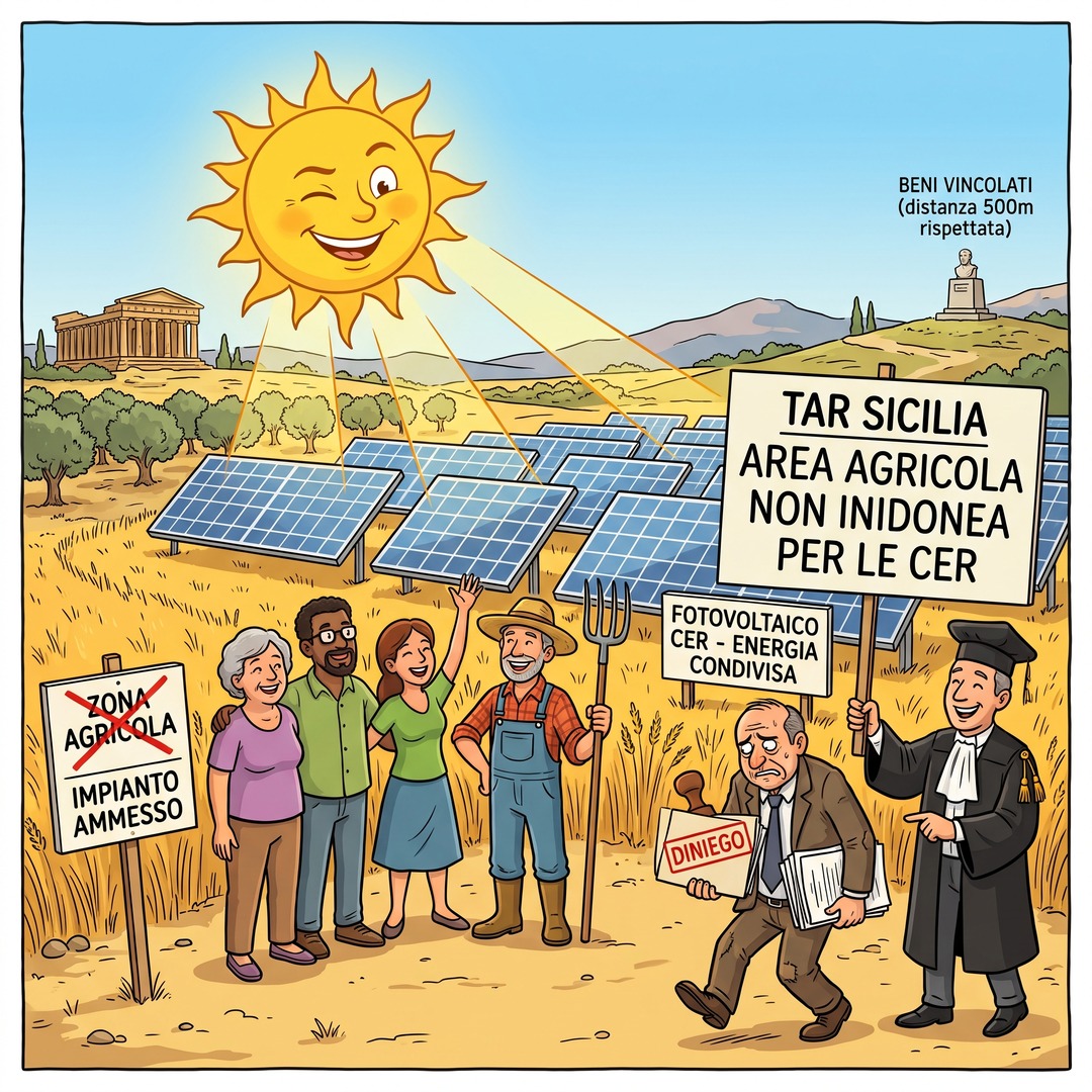 Vignetta: campagna assolata con pannelli fotovoltaici a terra, cittadini e un agricoltore sorridenti, un giudice in toga regge un cartello sull'area agricola non inidonea per le CER.