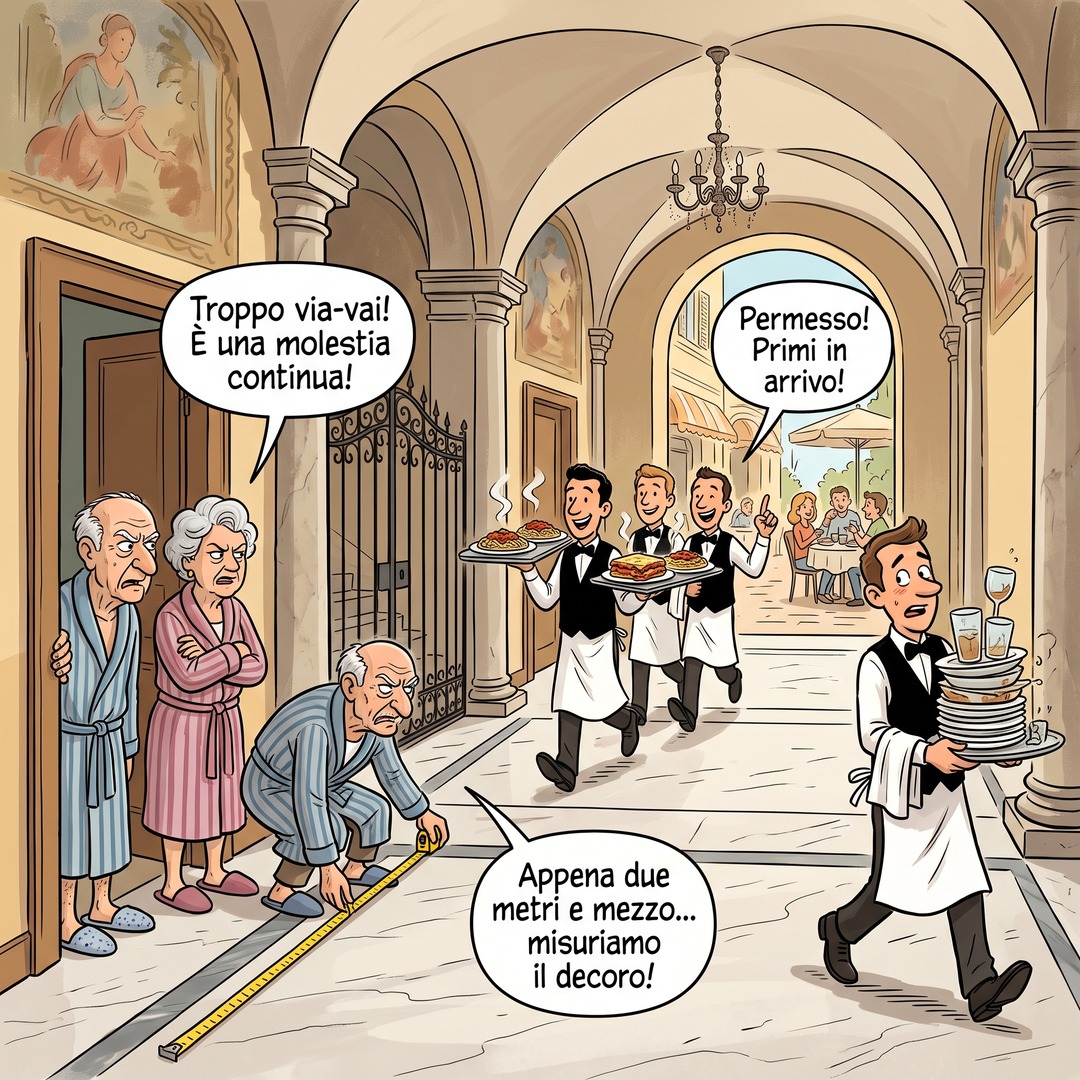 Vignetta: nell'androne affrescato di un palazzo storico una fila di camerieri porta vassoi di pasta, mentre due condomini in vestaglia protestano e un terzo misura il pavimento.