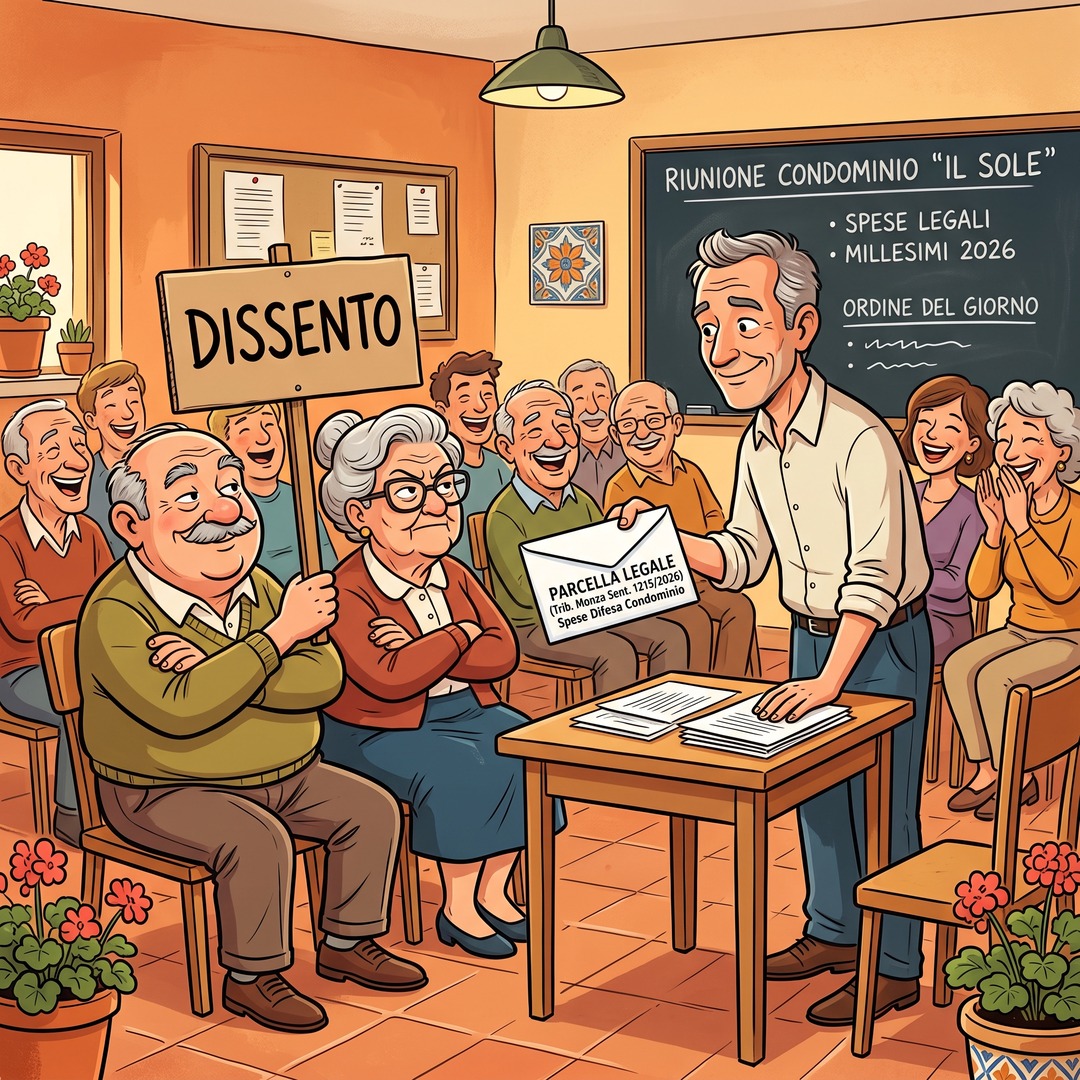 Vignetta: in assemblea due condomini reggono un cartello con scritto DISSENTO mentre l'amministratore porge loro sorridendo una busta con la parcella legale.