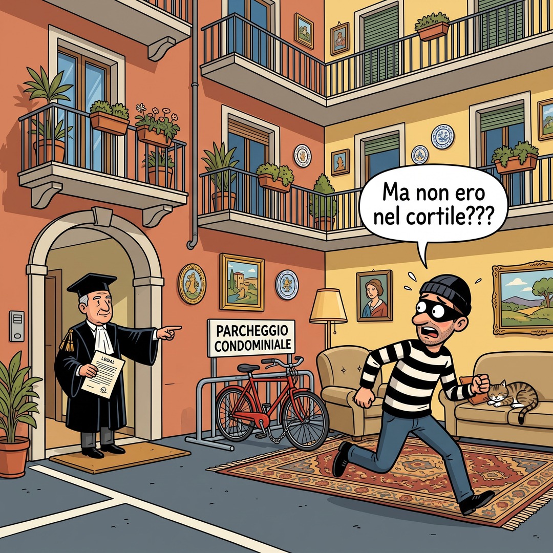 Vignetta: un ladro fugge dal cortile condominiale trasformato in salotto di casa, con tappeto, poltrona e gatto, mentre un giudice in toga lo indica dalla soglia.