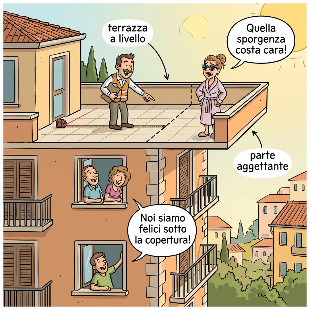 Vignetta: un geometra misura una terrazza a livello divisa da una linea tratteggiata fra la parte di copertura e la parte aggettante, mentre la proprietaria osserva rassegnata.
