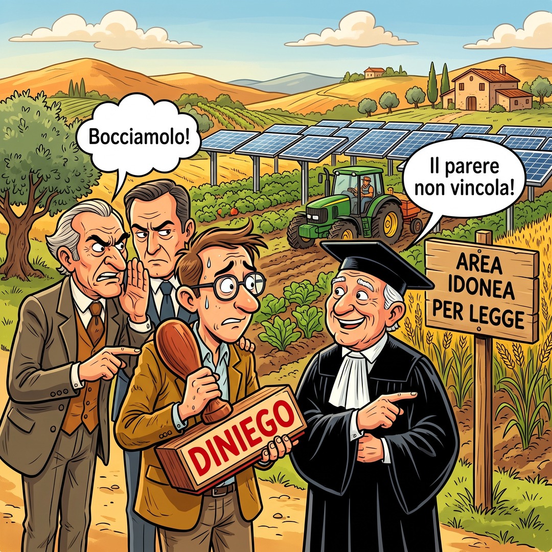 Vignetta: in un campo agrivoltaico due funzionari sussurrano Bocciamolo a un impiegato con il timbro DINIEGO, mentre un giudice in toga indica un cartello con scritto AREA IDONEA PER LEGGE.